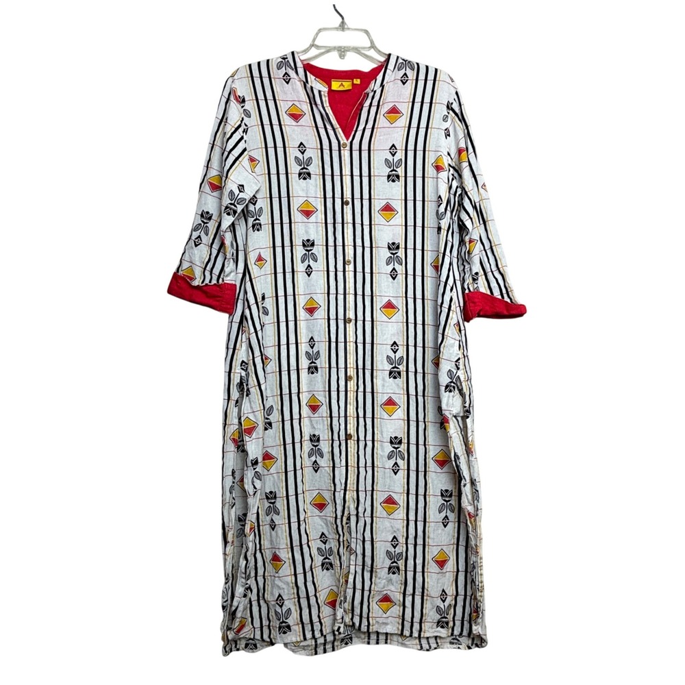 Ateesa Kurta Tunic Women XL Beige Red Geometric Floral Block Print Boho Longline